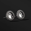 Punk tai chi stud earrings in vintage silver and black with gear-shaped edges - Tai Chi Dragon Scale Pair / Silver Black