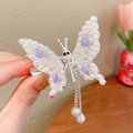 Silver butterfly hair clip with white pearls, purple flowers and dangling tassels - Silver Butterfly