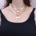 Two-layer gold snake chain necklace with baroque pearls and square portrait pendant charm - Pearl Necklace Gold