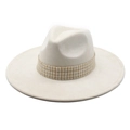 Classic cream faux suede wide brim fedora hat with elegant woven decorative band - Off White