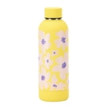 Matte yellow stainless steel water bottle with white floral petal print and matching cap - Yellow Purple Floral