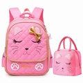 Rosa Schulranzen-Set 2-teilig mit Cartoon-Katze und goldener Schleife für Mädchen - 2-teiliges Set (Rucksack + Lunchbox) / Großes Rosa
