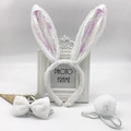 Three-piece white plush bunny set with iridescent ears, bowtie and round fluffy tail - White Fluorescent