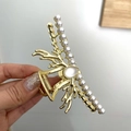 Golden antler hair claw clip with white pearls and cat eye stone for women - Deer Antler Pearl