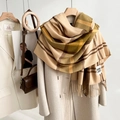 Classic plaid checkered scarf with tassels and Good Luck patch for autumn and winter - Khaki