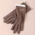 Gants d'hiver marron tactiles pour femmes avec bordure élégante en peluche blanche - Papillon Bord Fourrure Blanche - Poil de Lapin Café