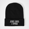 Bonnet en tricot noir classique avec broderie blanche Jesus Saves I Spend sur le revers - Noir