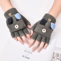 Grey knitted convertible mittens for kids featuring a cute cartoon dog design and buttons - 5-14 Years / Puppy Grey