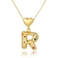 Detail showing letter R pendant with colorful zircons and heart clasp on gold necklace - Letter R