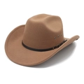 Classic camel wide brim western cowboy hat with decorative leather band and metal buckle - M (56-58cm) / Khaki