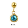 Macro view of gold stainless steel March birthstone charm with faceted blue crystal - Gold - March