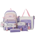 5-piece student backpack set in light purple and beige with plush lucky charm accessory - Five-Piece Set / Purple