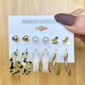 6-piece gold earring set with butterflies, pearls, and leopard print hoops on display - Pink Enamel Texture Style (HS0035-6)