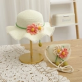 Kids straw hat and matching crossbody bag set with floral accents and lace trim - S (Kids 52cm) / Hat + Bag Set / Cream