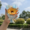 Mini gift box with yellow sunflower soap flower bouquet in blue paper wrap - Sunflower Blue Packaging