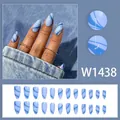 Set unghie finte eleganti blu cielo effetto marmo con forma a mandorla lunga stiletto - Motivo Marmo Blu (W1438) / 24 Pezzi [Stile con Colla]
