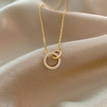 Elegant gold titanium steel necklace featuring interlocking rings with pavé zircon stones - 40#XL1480-7