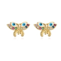 Close-up of gold butterfly stud earrings with colorful stones and blue eye pattern - Gold Butterfly - Colorful Stones