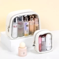 White PU leather cosmetic bag set with transparent window and metal zipper detail - White 2-Piece Set