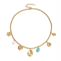 Collana in acciaio inossidabile placcata oro 18K con perline turchesi e ciondoli su bianco - Oro B (Motivo Fiore Sole)
