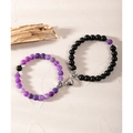 Couples magnetic bracelets with purple crackle agate and black matte stone beads - Purple Cracked Agate & Black Matte - Magnetic Heart