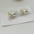 Elegant Korean S925 silver post double freshwater pearl stud earrings in gold finish - Simple Double Pearl Front Back Stud