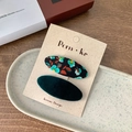 Floral print fabric and dark green velvet BB hair clips on a designer card - Oval Clip Set / Green Hair Clips (Set of 2)