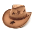 Detail of vintage brown wool cowboy hat featuring star prints and leather band decoration - M(56-58cm) / Camel