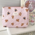 Pink striped quilted makeup bag with cute bear pattern for students and travel use - Clutch Bag / Pink Stripe Bear