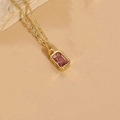 14K gold plated necklace featuring a rectangular pink zircon pendant on a dainty cable chain - Pink Zirconia