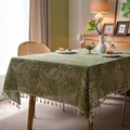 Green botanical leaf print cotton linen rectangular tablecloth with white tassel fringe - 60*60cm / Green Phoenix Flower with Beige Tassels