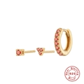 Three-piece set of S925 sterling silver earrings with orange-red stones and gold plating - Gold-Orange Red Zirconia