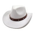 Close-up of white felt western cowboy hat with brown studded leather hatband and silver rhinestones - M (56-58cm) / White