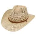 Vintage beige woven western cowboy straw hat with hollow crochet and brown decorative rope - One Size / Beige