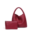 Burgundy hand-woven tote bag with matching zipper pouch in 2-piece set design - Dark Red