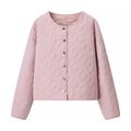 Pink quilted round neck cardigan jacket with floral stitching and metal buttons - S / Pink
