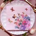 Pink floral printed paper napkin with butterfly and bee patterns in a ceramic plate - Pink Base Flower Butterfly Bee (1079)