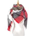 Red and grey plaid triangle scarf with fringe on a white female mannequin - Red Plaid