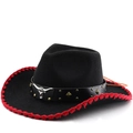 Black western cowboy hat with red stitched brim and silver bull head leather band - M(56-58cm) / Black Red Edge