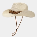 Handgewebter Stroh-Cowboyhut mit Türkisperle und verstellbarem Kinnriemen - Beige