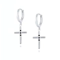 S925 sterling silver hoop earrings with black zircon cross charms on white background - Black Stone Cross Pendant Hoop / Black/Silver