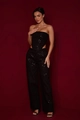 Ensemble noir à paillettes deux pièces avec haut bandeau court et pantalon large taille haute - Ensemble Zirconium Noir