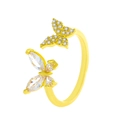Adjustable golden bypass ring featuring two sparkling butterflies with white zircons - Double Butterfly Full Diamond Style (A-88)