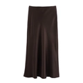 Detailed view of the smooth, lustrous dark brown satin fabric and high-waisted skirt texture - XS / Coffee