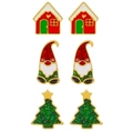 Weihnachts-Ohrstecker-Set mit Zwerg, rotem Haus und grünem Glitzer-Weihnachtsbaum - Schneehaus/Gnom/Baum Set