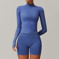 Blue-purple yoga set with high-waist shorts and thumb-hole jacket for gym workouts - Glazed Purple (Zip Jacket + Tight Shorts)