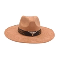 Light camel western cowboy hat with brown leather band and silver bull head ornament - Khaki