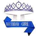 Detail view of silver blue rhinestone crown and blue glitter Birthday Girl sash set - Set 35 Deep Blue Holographic Birthday Girl
