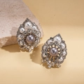 Detailed view of luxury vintage floral earrings with grey faux pearls and sparkling rhinestones - Silver (Silver Pin)