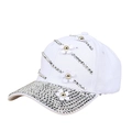 White baseball cap with silver rhinestones, hanging crystal chains, and 3D floral accents - L (58-60cm) / White